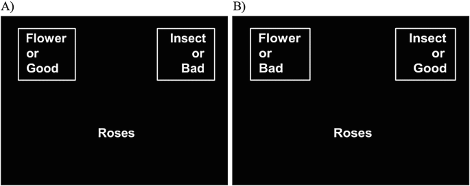 An illustration of the Flower Insect IAT panel in two parts. The test's first section pairs Flower with Good and Insect with Bad. In the second test, Insect is paired with Bad and Flower with Good. In both test illustrations, roses are noted.