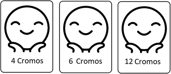 Three sets of stickers with a smile doodle. The text 4, 6, and 12 Cromos are written below each sticker.