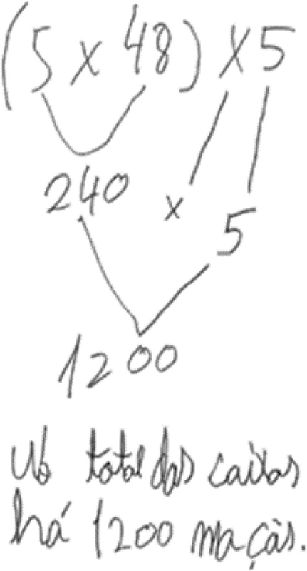 An image of a handwritten mathematical multiplication problem where 5 is multiplied by 48 and then again by 5 to produce 1200.