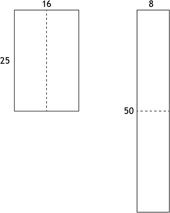 Two vertical bars, one is divided vertically and another horizontally by a dotted line. The numbers 16 and 25 and 8 and 50 are written on the top and side of both bars.