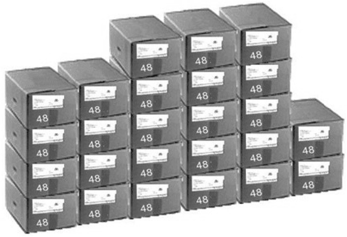 An illustration of 25 boxes, where 4 boxes are arranged in 5 columns with 4, 4, 5, 5, 5, and 2 boxes stacked on top of one another. The number 48 is pasted on the front of the box.