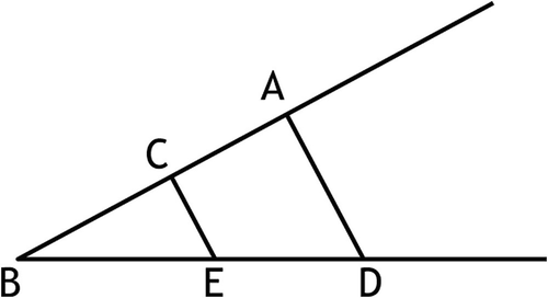 A diagram of an angle with 5 points on it, marked as A, B, C, D, and E.