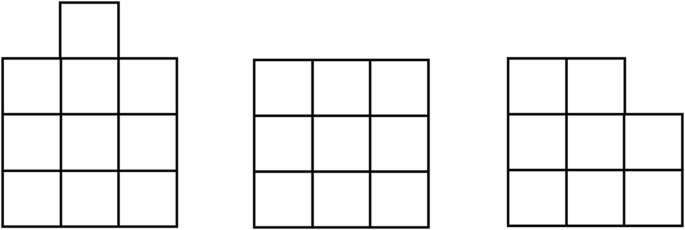 Three figures. The first has 10 small squares, the second has 9 small squares, and the third has 8 small squares, all arranged in a vertical and horizontal manner.