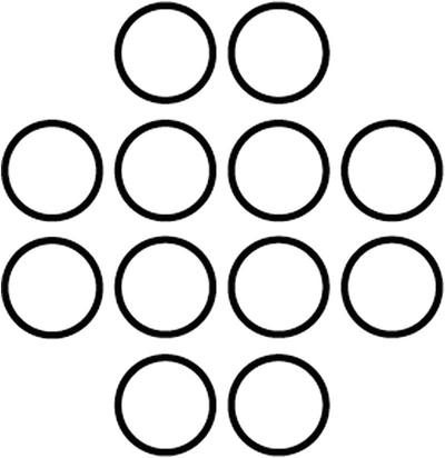 A diagram of 2, 4, 4, and 2 balls arranged horizontally in 4 rows respectively.