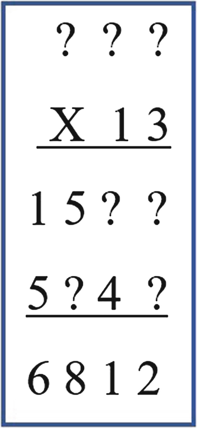 An illustration of a multiplication algorithm, with three question marks and below multiplication sign with 13 and below that has numbers 1 5, and two question marks and 5 and 4 with two question marks which results in number 6812.