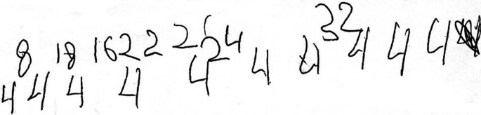 Hand scribblings of two rows of numbers. The first row has 8, 18, 16, 22, 24 and 32. The second row has 4, 4, 4, 4, 4, 4 ,4 ,4, 4, 4.
