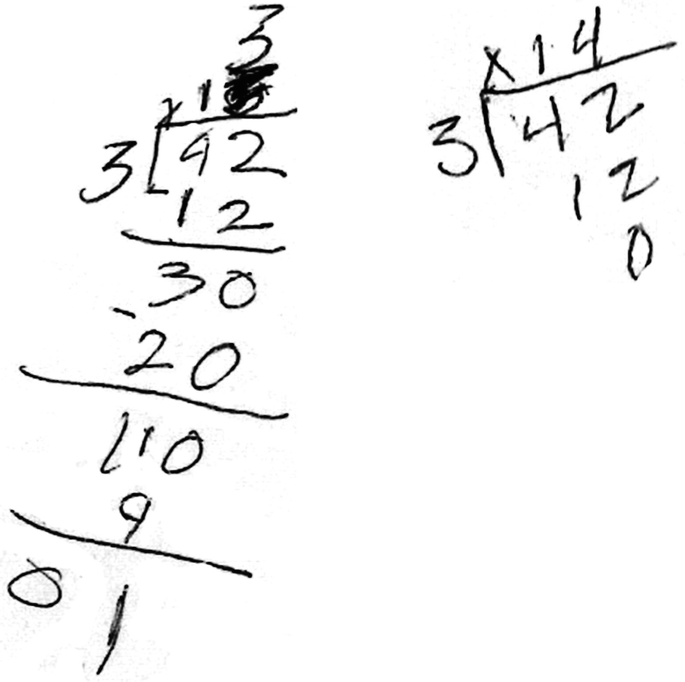 Two handwritten division of 42 by 3