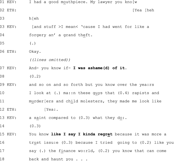 A conversation between Kevin and E T H in 18 lines. The highlighted words are as follows. I was ashamed of it. Like I say I kinda regret.