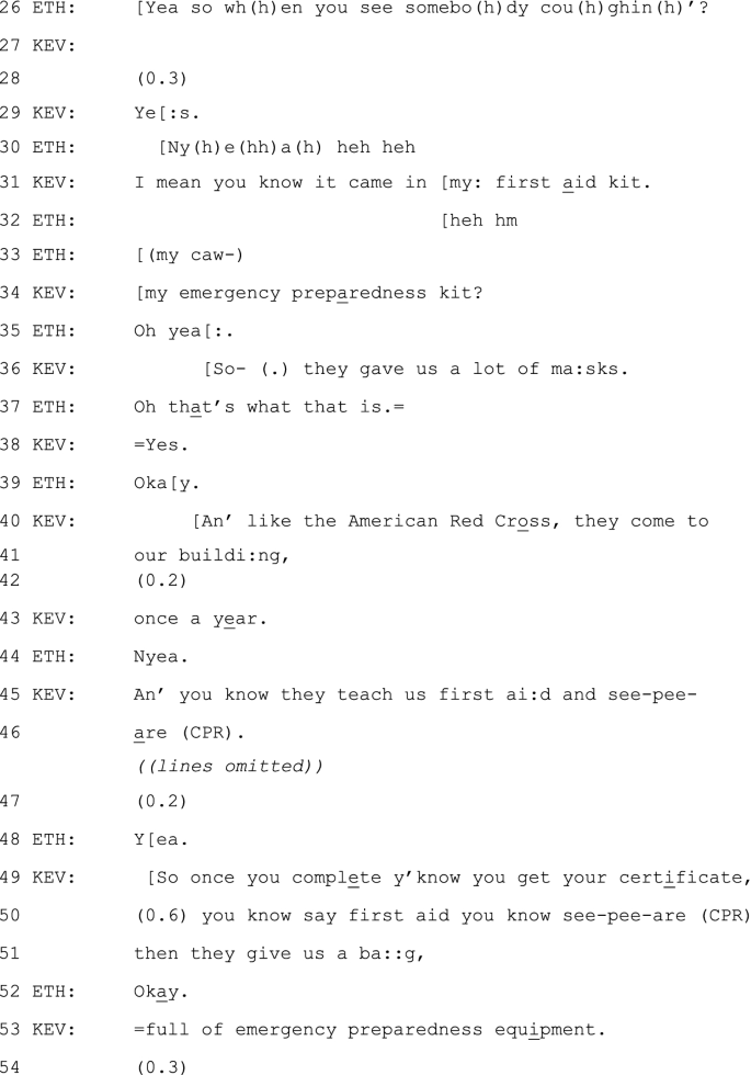 A conversation between Kevin and E T H from lines 26 to 54. The words with underlined letters are as follows, aid, preparedness, that, cross, year, are, certificate, okay, and equipment.