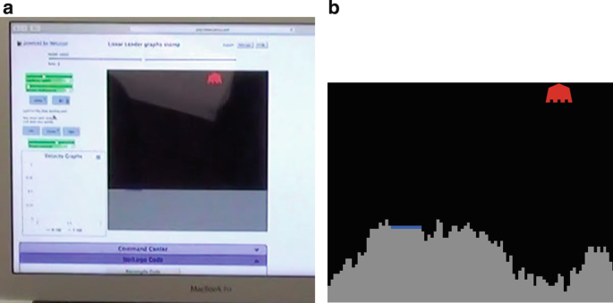 Two images. A. A screenshot of a flat lunar landing. B. An image with irregular terrain lunar landing.