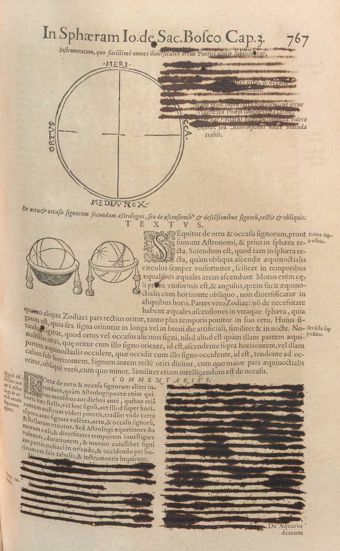 A photograph of a page with censored blocks of text in a foreign language. Illustrations of a globe on a two-legged structure are observed including an illustration of a 4-directional object.