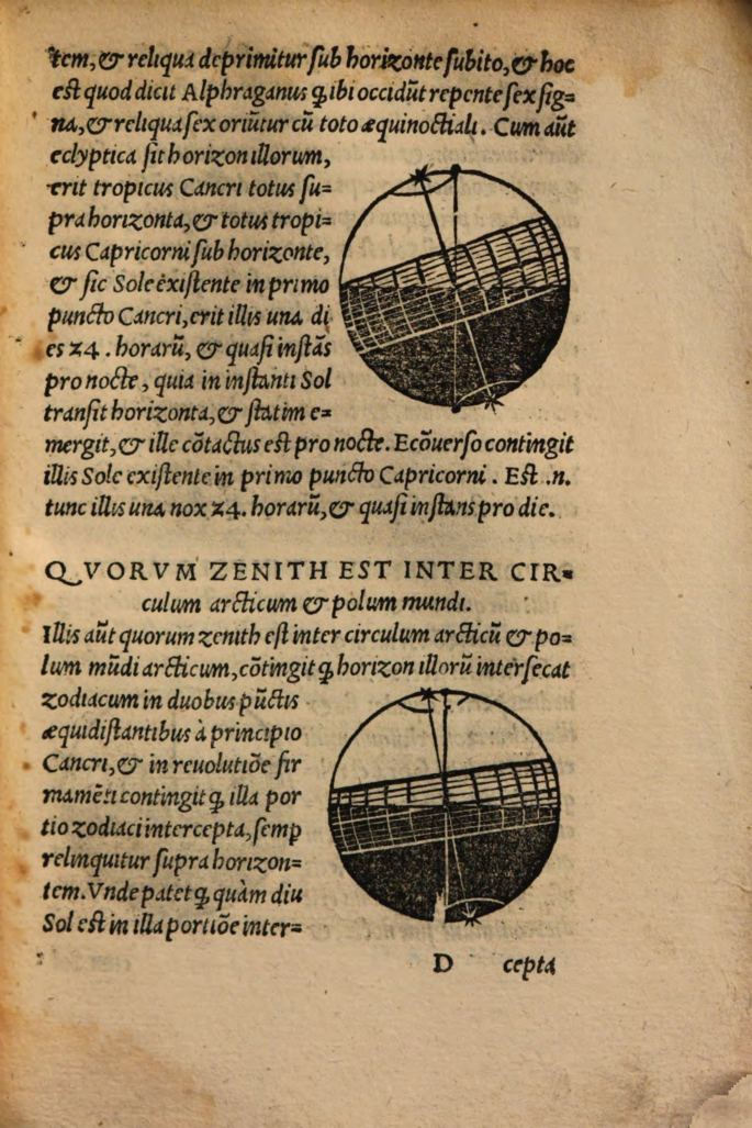 Two illustrations of a bicolored circle with different angles for observing six-pointed stars in the night sky. The stained page contains blocks of text in a foreign language.