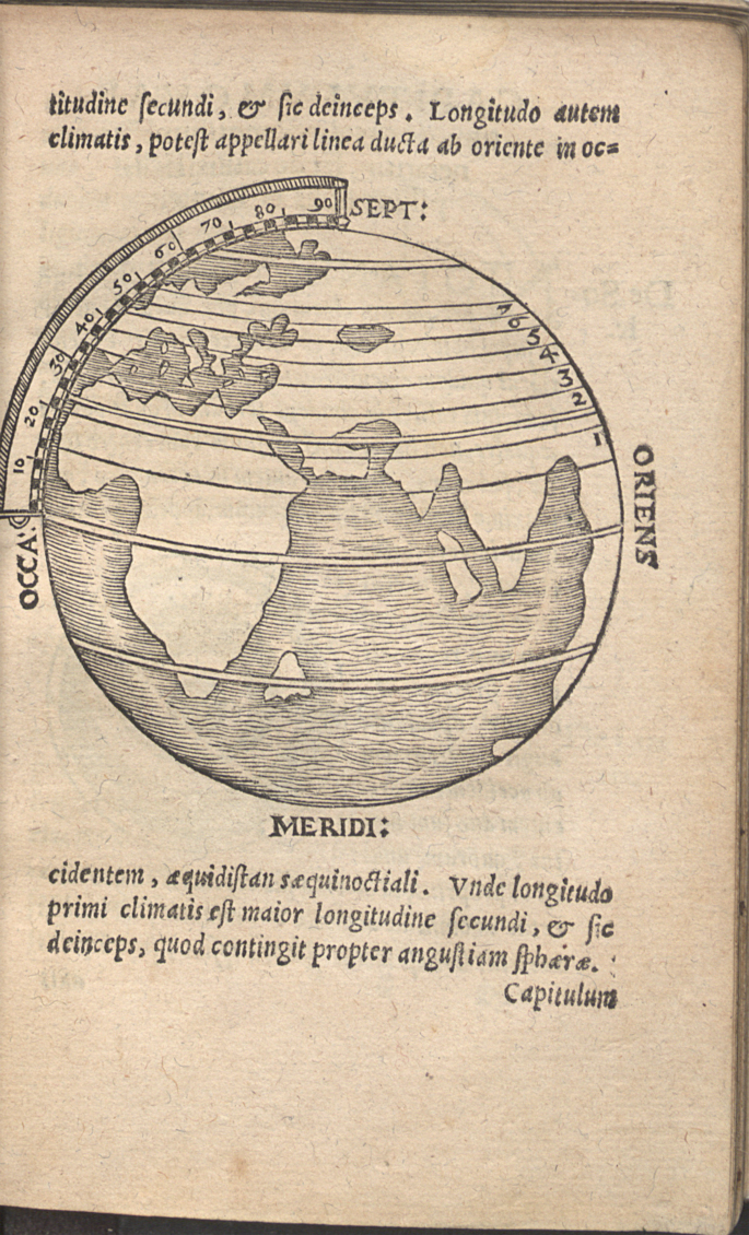 An illustration of a globe with lines of latitude spanning continent to continent. A curved ruler is placed on the upper right of the model with labels in a foreign language marked in four cardinal directions.