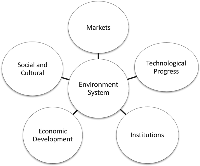 The cyclic diagram depicts the 5 aspects of the environmental system that affects company logic. They are markets, technological progress, institutions, economic development, and social and cultural.