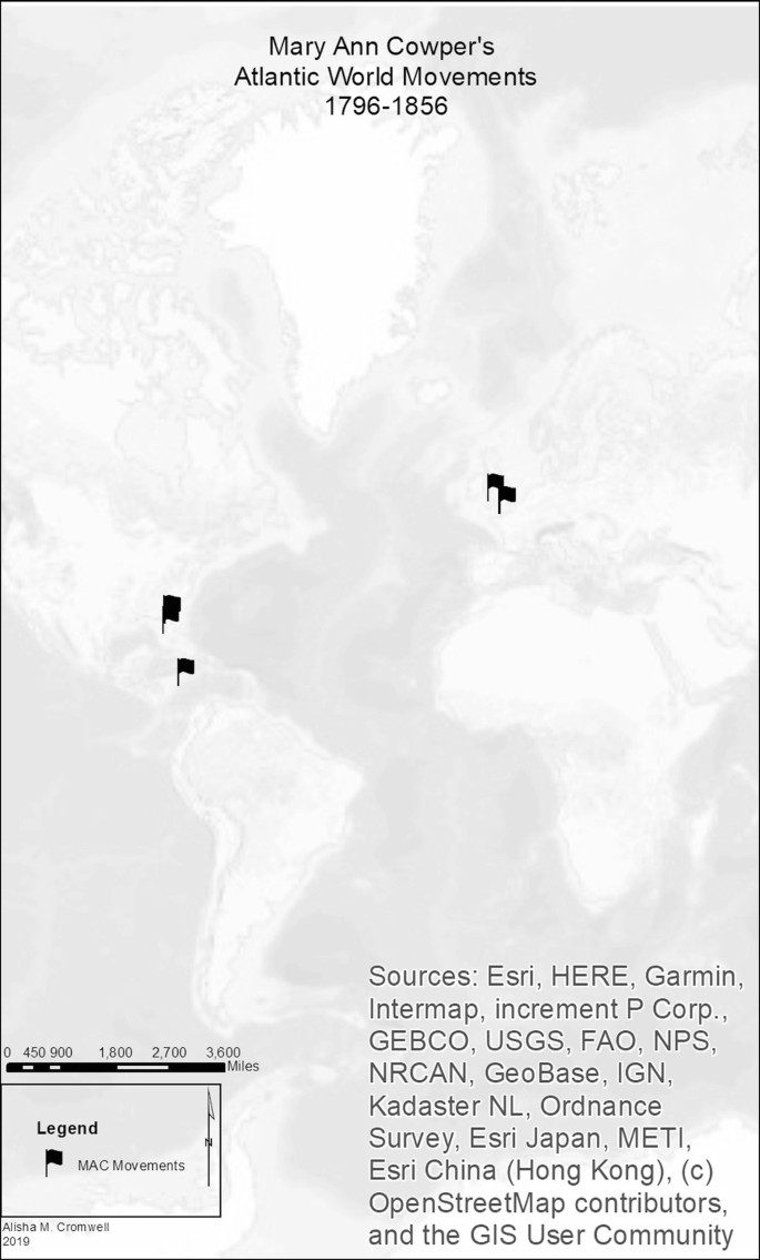 A world map indicates Mary Ann Cowper's world movements from 1796 to 1856. The indications are at the parts of the American Lowcountry and Europe.