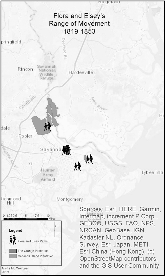 A map highlights the range of movements of Flora and Elsey between the Grange and Oatlands Island Plantations in America from 1819 to 1853.