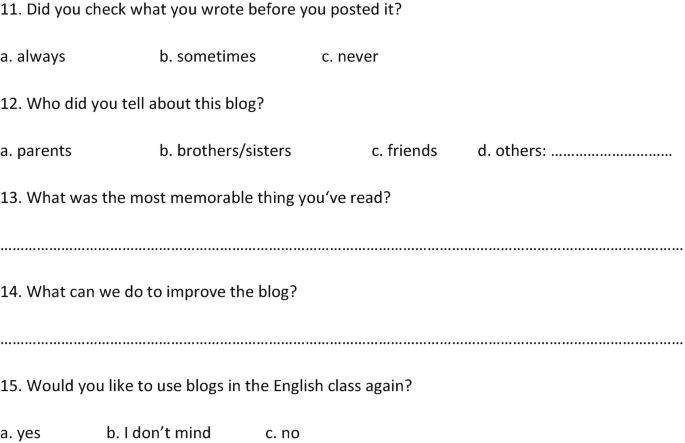 The continuation of the list of questions about blogs for students. It consists of 3 objective-type questions and 2 descriptive types.