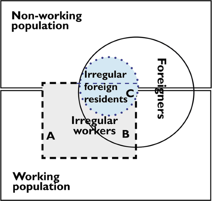 An illustration of 2 rectangles of non working and working populations. It comprises irregular workers, irregular foreign residents, and foreigners.