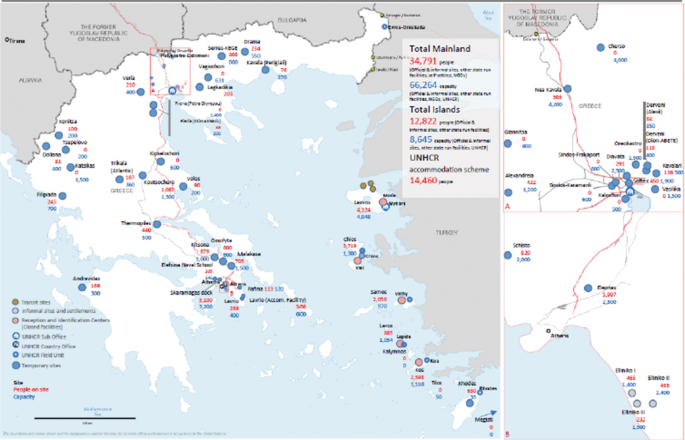 A map of Greece's country capacity and occupancy of reception centers. The total mainland has 34791 people and 66264 capacity. The total island has 12822 people and 8645 capacity. U N H C R accommodation scheme has 14460 people.