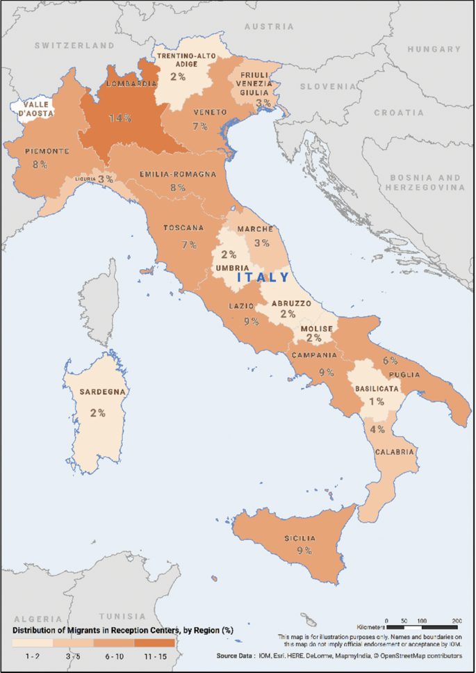 A map of the distribution of migrants in reception centers in Italy by region in percentages of 1 to 2, 3 to 5, 6 to 19, and 11 to 15. Lombardia has the highest percentage of 14, and Basilicata has the lowest percentage of 1.