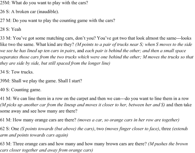 An image of a dialogue exchange between a mother and a son regarding playing with cars.