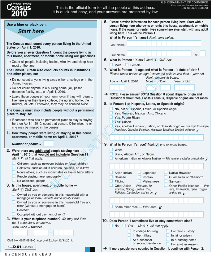 A document from the United States Census 2010 survey has ten main details to be filled out. It includes questions like how many people were living or staying in the house, what is person 1's sex, and what is person 1's race, among others.