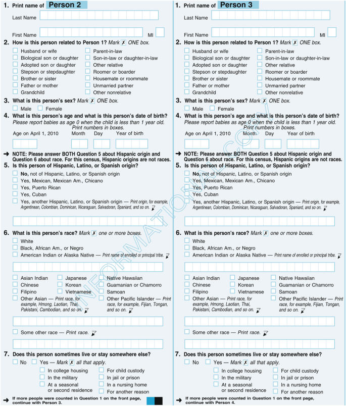 A document from the United States Census 2010 survey has details to be filled out for persons 2 and 3. It includes questions like how they are related to person 1, the person's age and date of birth, and the person's race, among others.