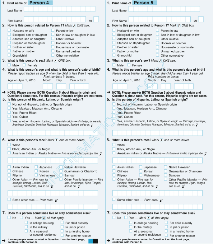 A document from the United States Census 2010 survey has details to be filled out for persons 4 and 5. It includes questions like how they are related to person 1, and whether the person is of Hispanic, Latino, or Spanish origin, among others.