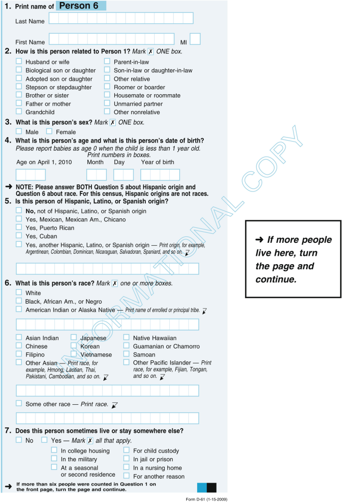 A document from the United States Census 2010 survey has details to be filled out for person 6. It includes questions like how they are related to person 1, and whether the person is of Hispanic, Latino, or Spanish origin, among others.