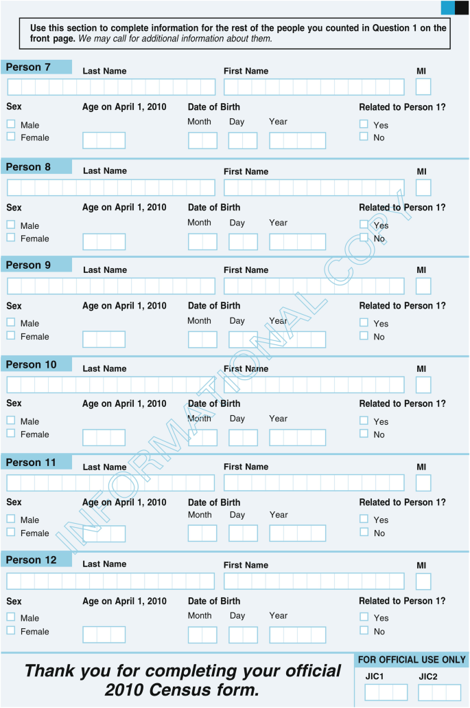 A document from the United States Census 2010 survey has details to be filled out for persons 7 to 12. It includes entry boxes for the name, sex, and date of birth, among others, and if they are related to person 1.