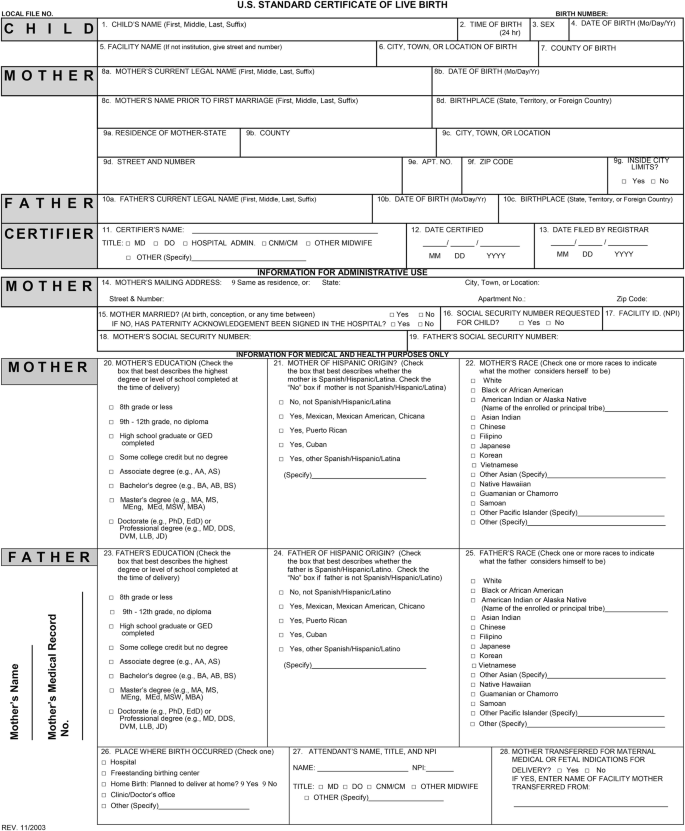 A United States standard certificate of live birth document. It includes sections to be filled out with information about the child, the mother, and the father.