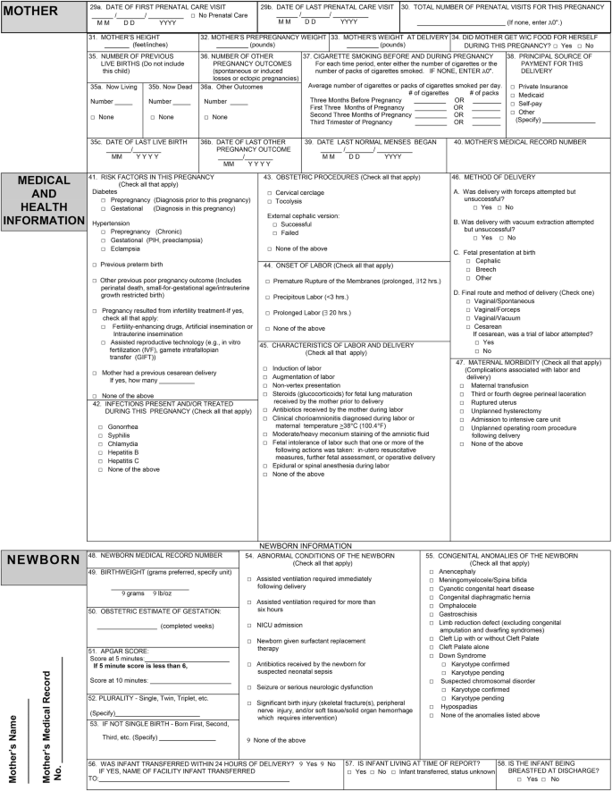 A United States standard certificate of live birth document. It includes sections to be filled out with information about the mother, medical and health, and the newborn.