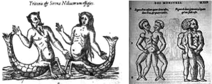 Two caricatures of prodigies with half human and half animal form and monsters, humans with two conjoined bodies.