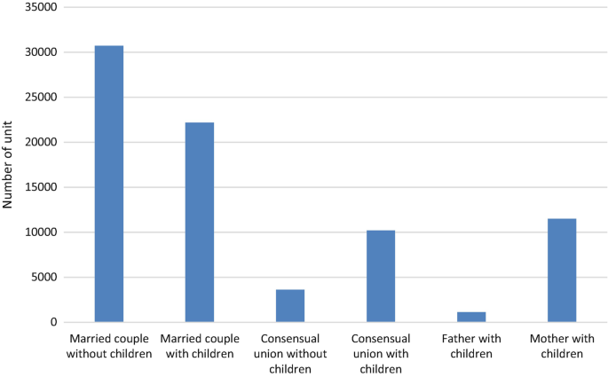 A bar graph measures the statistics of married couples without children, married couples with children, consensual unions without children, consensual unions with children, fathers with children, and mothers with children. The values are 31000, 23000, 4000, 12000,1000, and 12000 respectively.