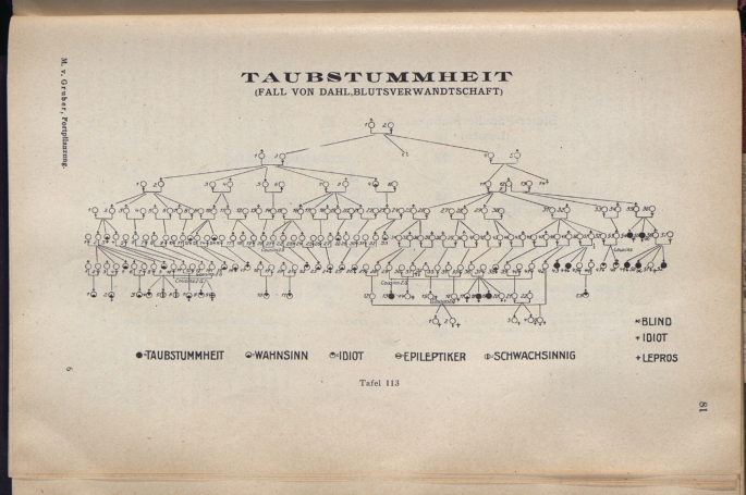 A German family tree titled Taubstummheit. Blind, idiot, lepros are marked with the nodes.