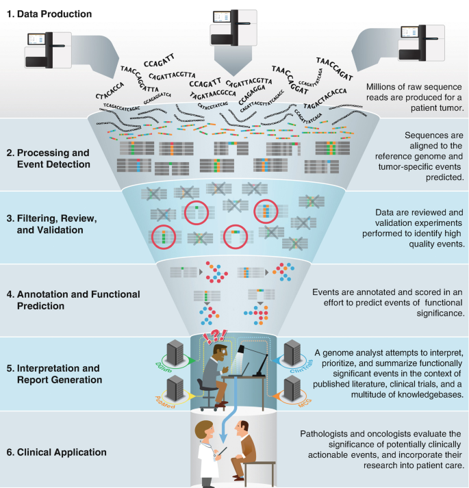 An illustration of the process in a bottleneck image is classified into 6 sections. They are: Data production, processing and event detection, filtering, review and validation, annotation and functional prediction, interpretation and report generation, and clinical application.