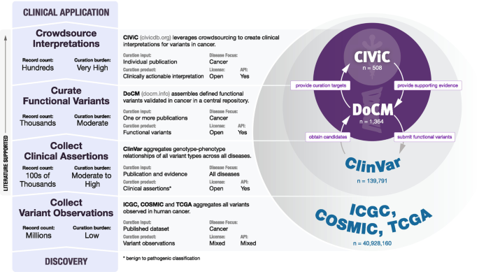 An illustration of 4 processes between discovery and clinical applications is depicted. The C I V i C, D o C M, Clin Var, and I C G C sample spaces are represented by circles with incremental radius.
