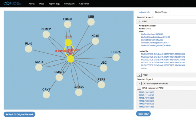 A screenshot of an N D Ex window displays a network diagram of various protein interactions. The right pane has several network details.