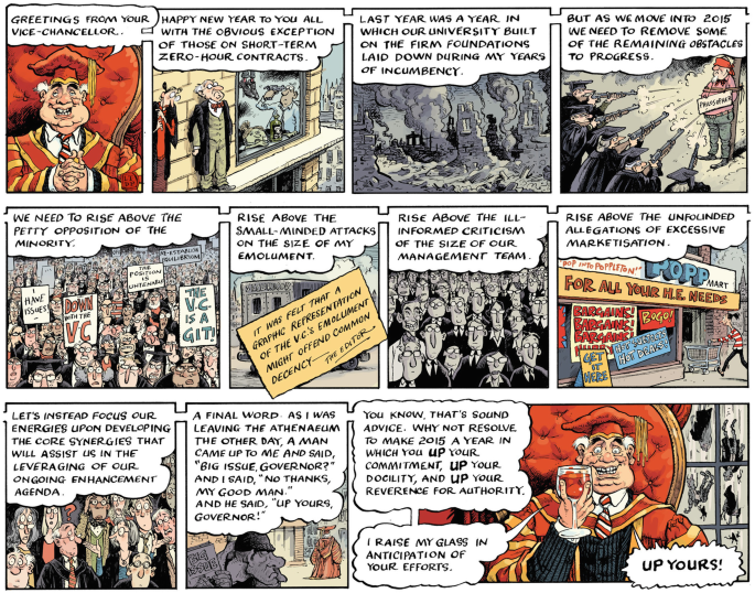 A cartoon novel depicts eleven ruthless businessmen with no regard for knowledge beyond potential profit or prestige.