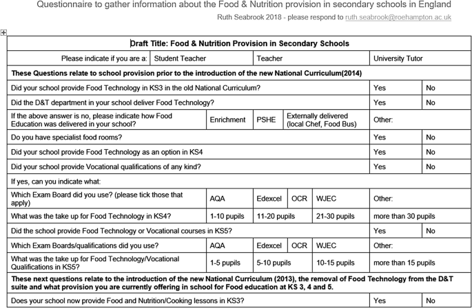 A questionnaire to gather information about the food and nutrition provision in secondary schools in England.