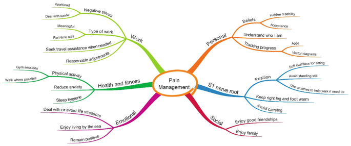 A model of pain management has 6 branches, work, personal, S 1 nerve root, health, fitness, emotional, and social.