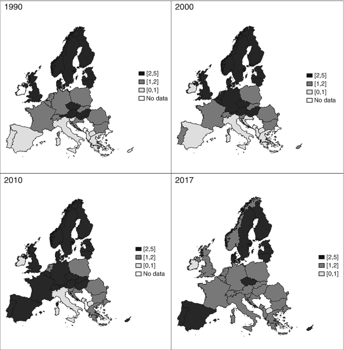 Four maps of Europe for the years 1990, 2000, 2010, 2017. Each map except for 2017 is segregated into 4 regions (2, 5), (1, 2), (0, 1), and no data. The year 2017 marks the first 3 segregations only.