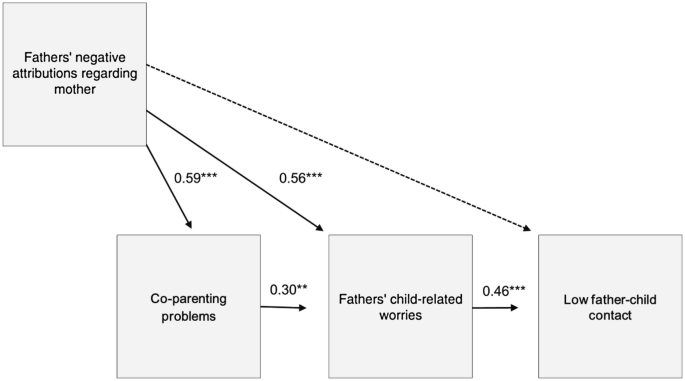 A model shows the weighted interconnections between the following blocks: father's negative attributions regarding mother, co-parenting problems, father's child related worries, and low father-child contact.