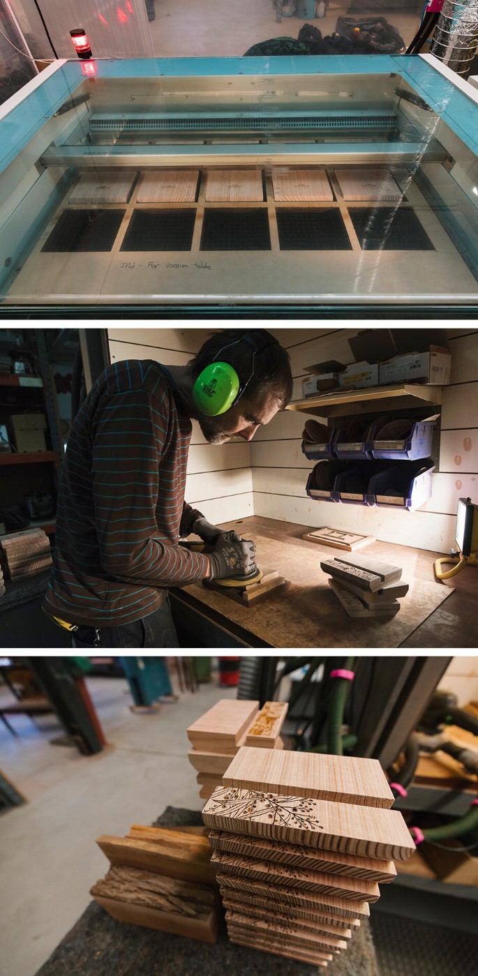 A set of 3 photos describe the following. 1. a machine with a glass panel on the top and a few wooden plates placed inside. 2. A man working on the wooden plates on the table. 3. The wooden plates with various designs.