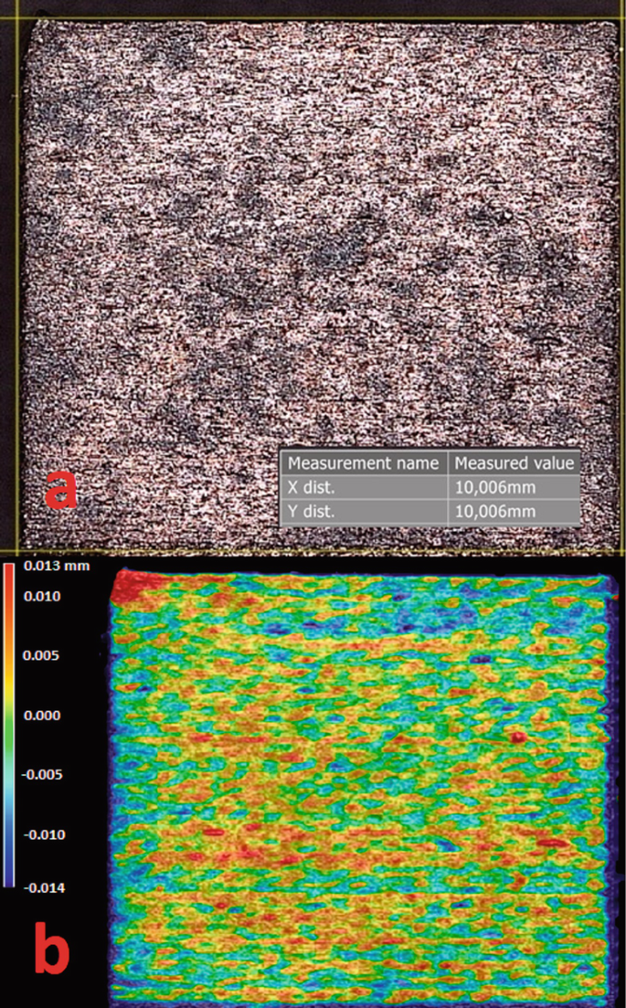 2 magnified photos of an A M material surface. A has a mesh-like appearance on the surface with dark and light patches. B has color patches all over based on the color gradient scale.