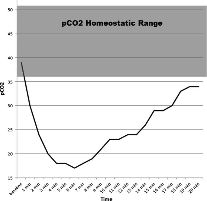 A line graph demonstrates the P C O 2 homeostatic range for Paula's hyperventilation challenge for 20 minutes.