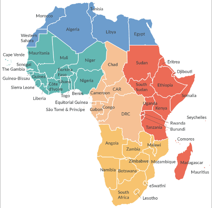 A color coded map of Africa demarcates the countries in North Africa, West Africa, East or Horn of Africa, Central Africa and Southern Africa in different colors.