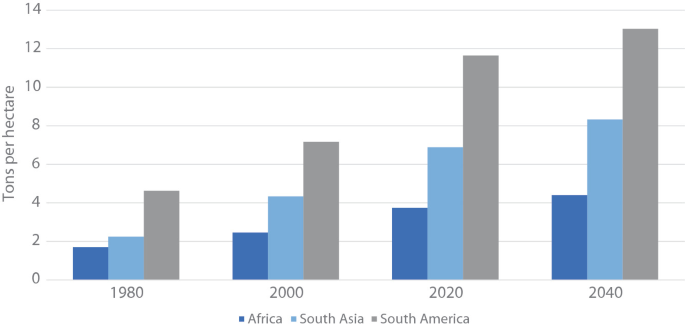 A clustered bar graph depicts the tons per hectare in 1980, 2000, 2020, and 2040 in Africa, South Asia, and South America. In 2040, for South America, it will be the highest, 13 tons per hectare. All data are approximate.