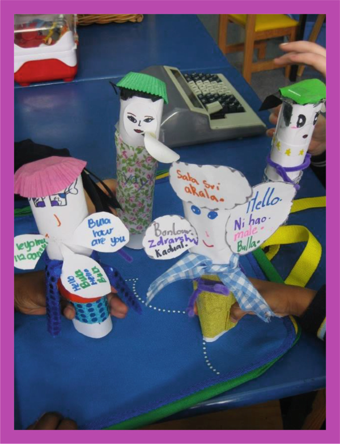 A photo of a few hands holding puppets made of paper and cloth. Their speech bubbles read Hello Bula; Bula, how are you; Sata Sri Akala, Kadual; Hello, Ni hao, male, Bulla.