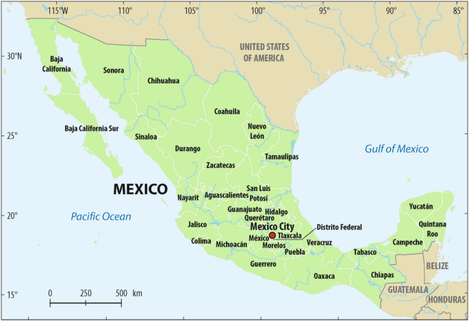 A map of Mexico with its capital Mexico City and other states. It shares borders with, the USA to the north, the Pacific Ocean to the West, the Gulf of Mexico to the east, and Guatemala and Belize to the south.